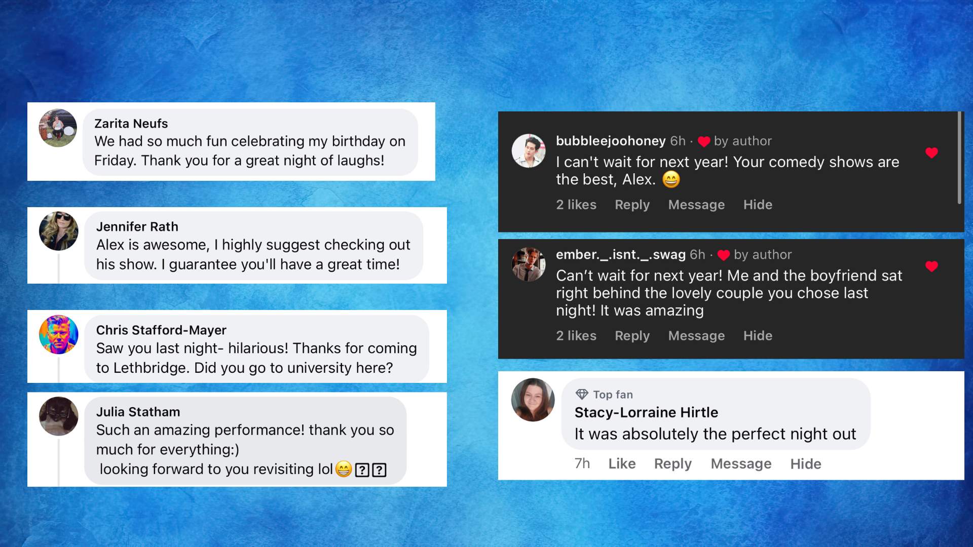 Original audience review screenshot 15, showing social media names, photos and comments
