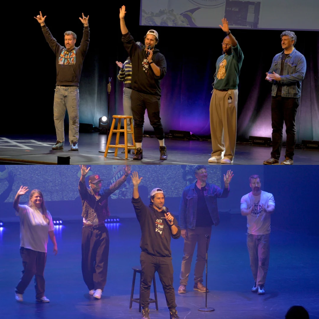 The comedians waving to the audience at two tour shows